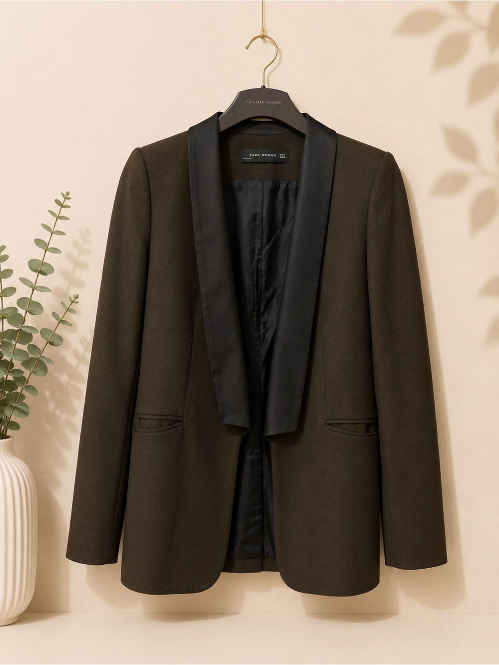 Zara Olive Green Blazer with Black Satin Lapel